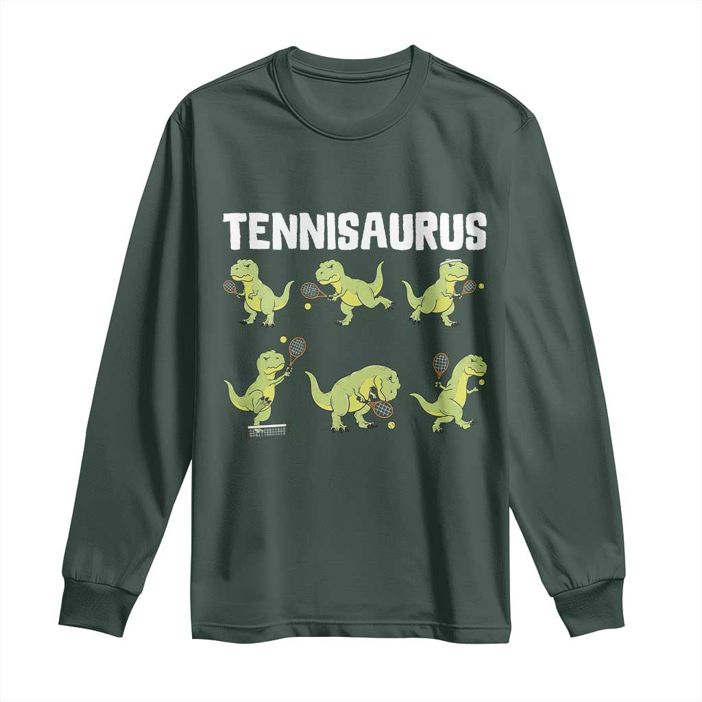 Funny Prehistoric Dinosaur Tennis Player Long Sleeve Shirt Gift For Tennis Fans TS12 Dark Forest Green Print Your Wear