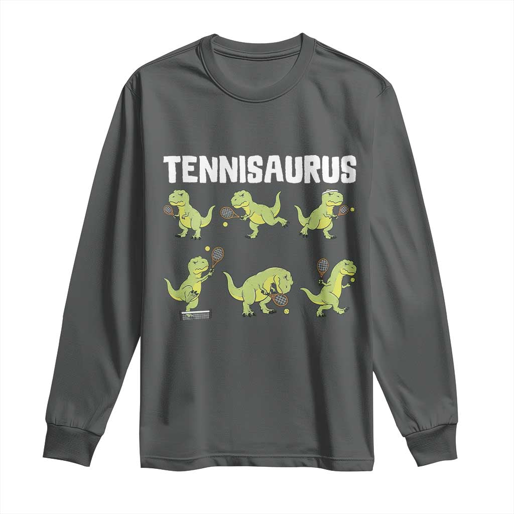 Funny Prehistoric Dinosaur Tennis Player Long Sleeve Shirt Gift For Tennis Fans TS12 Dark Heather Print Your Wear