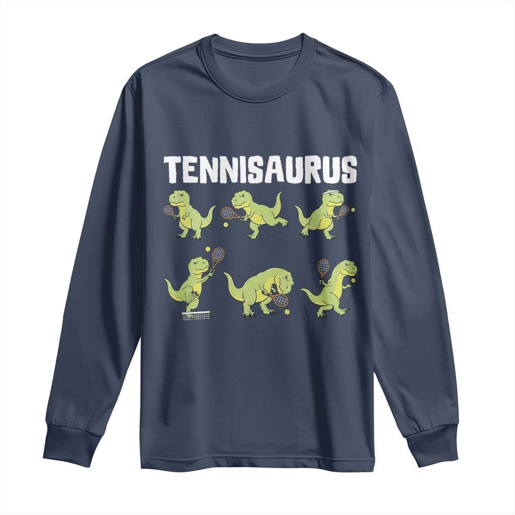 Funny Prehistoric Dinosaur Tennis Player Long Sleeve Shirt Gift For Tennis Fans TS12 Navy Print Your Wear