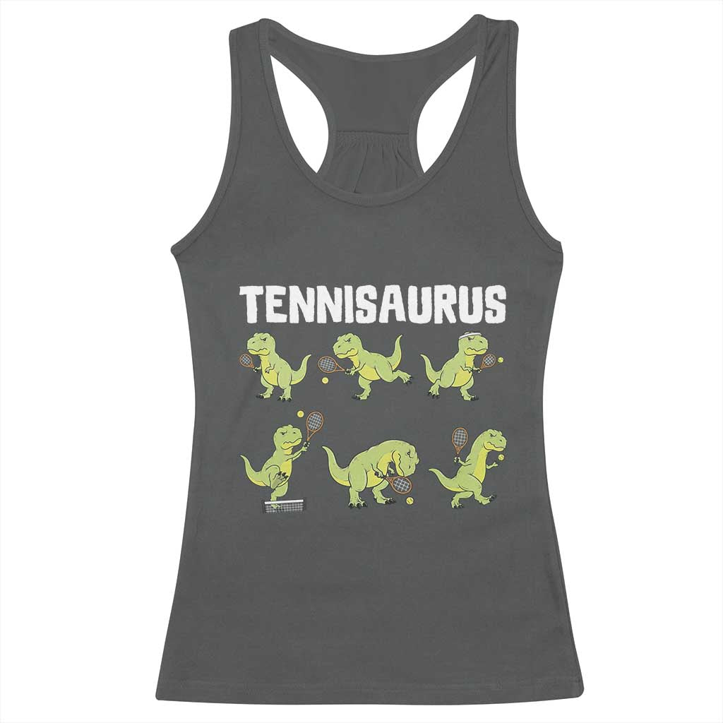 Funny Prehistoric Dinosaur Tennis Player Racerback Tank Top Gift For Tennis Fans TS12 Dark Heather Print Your Wear