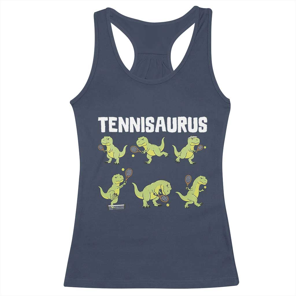 Funny Prehistoric Dinosaur Tennis Player Racerback Tank Top Gift For Tennis Fans TS12 Navy Print Your Wear