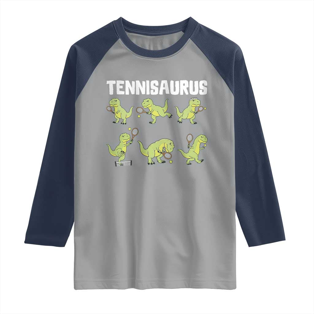Funny Prehistoric Dinosaur Tennis Player Raglan Shirt Gift For Tennis Fans TS12 Sport Gray Navy Print Your Wear