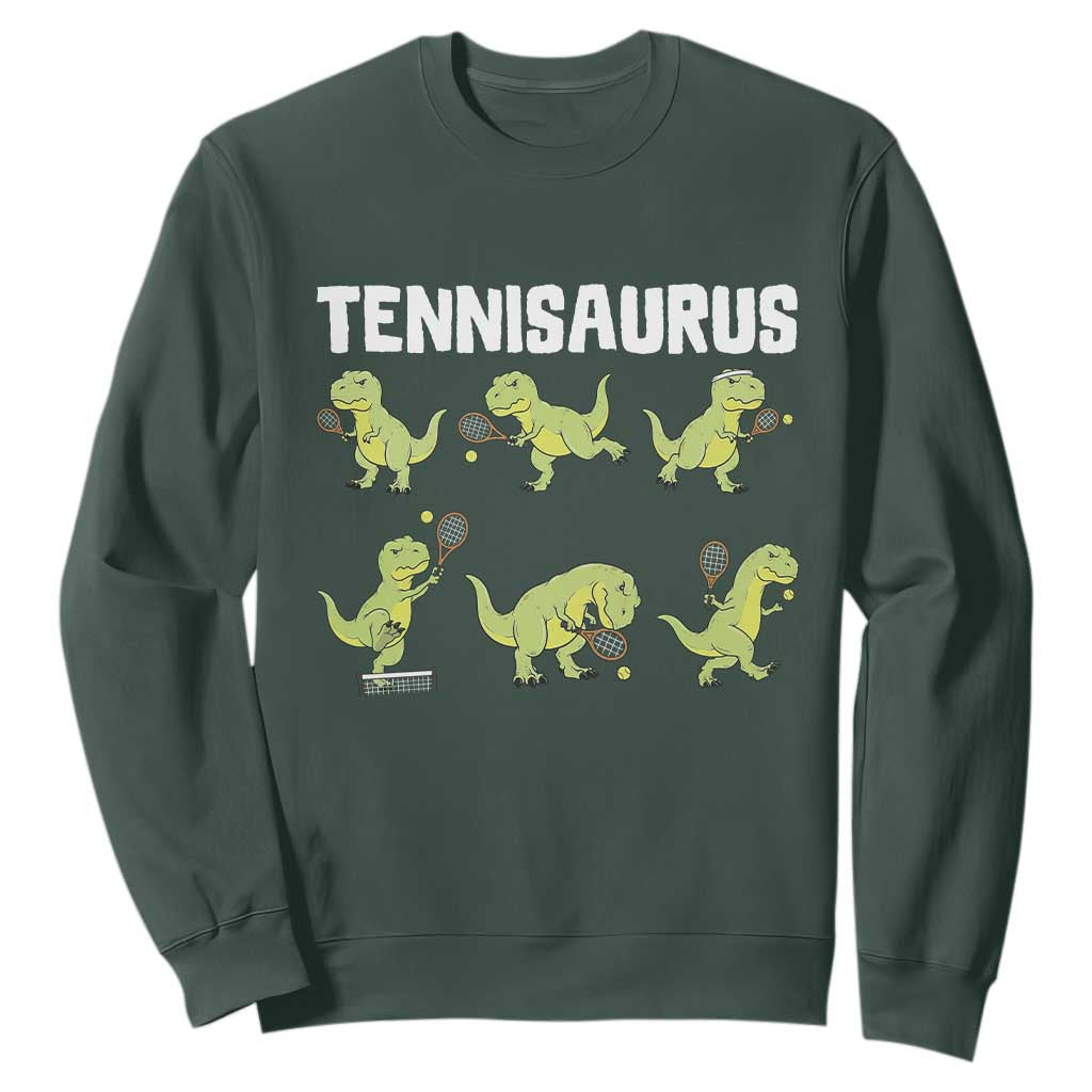 Funny Prehistoric Dinosaur Tennis Player Sweatshirt Gift For Tennis Fans TS12 Dark Forest Green Print Your Wear