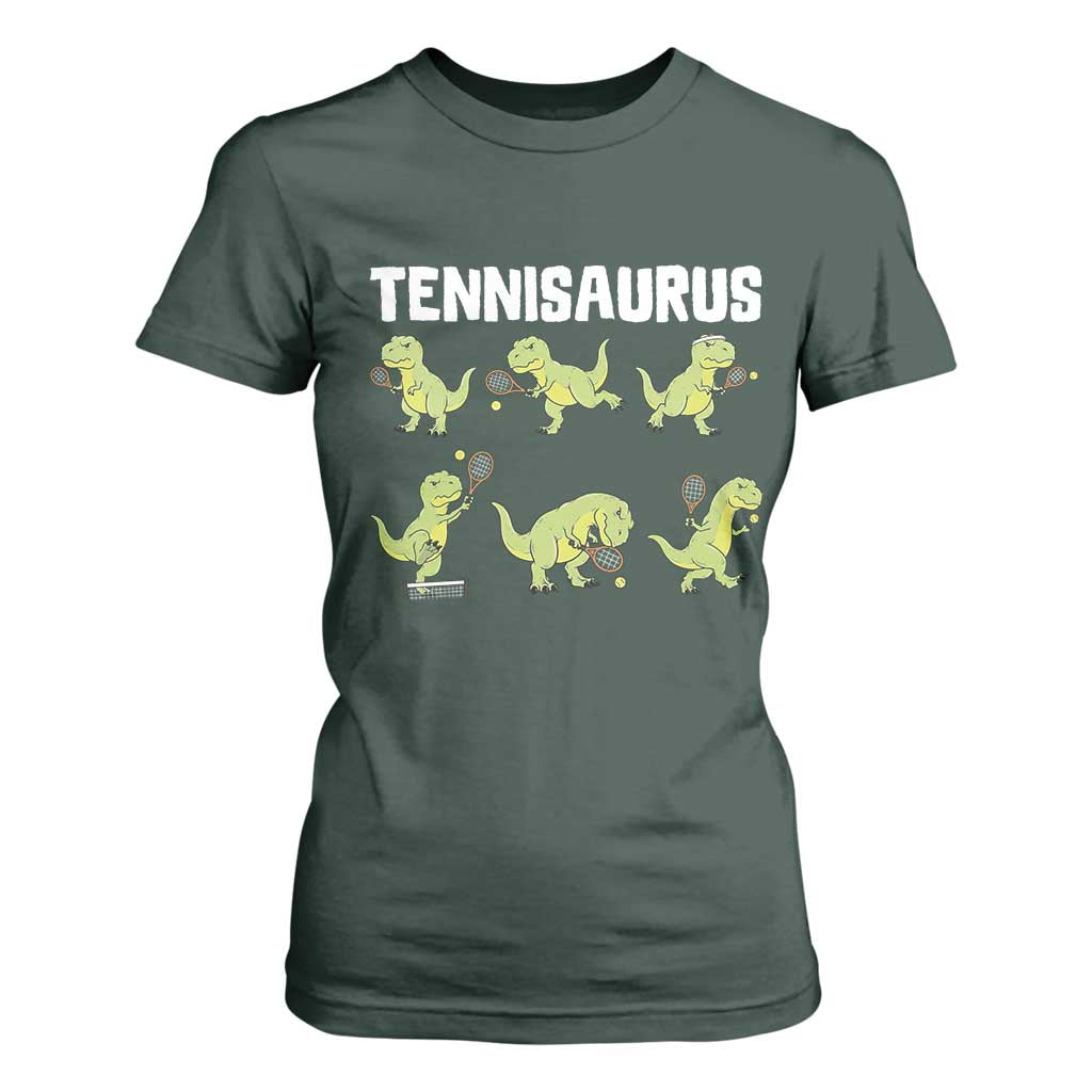 Funny Prehistoric Dinosaur Tennis Player T Shirt For Women Gift For Tennis Fans TS12 Dark Forest Green Print Your Wear