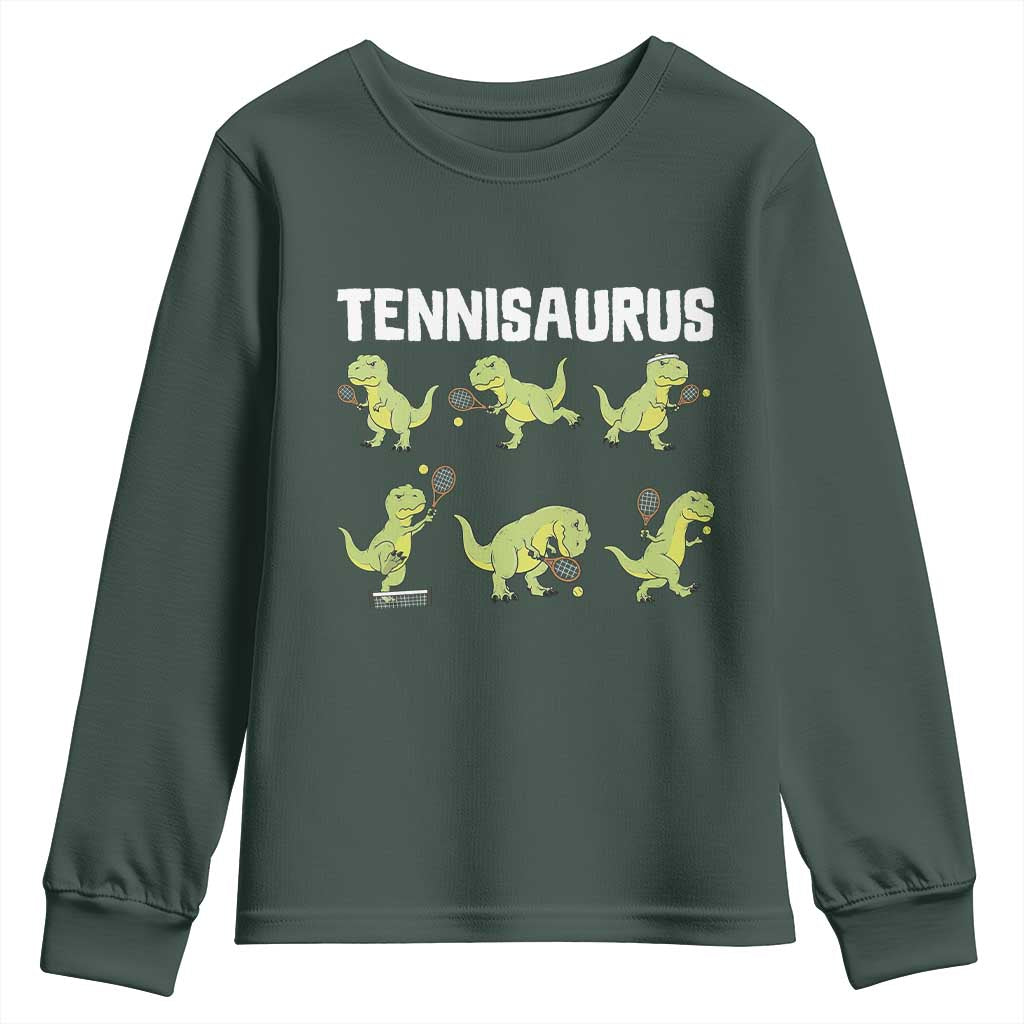 Funny Prehistoric Dinosaur Tennis Player Youth Sweatshirt Gift For Tennis Fans TS12 Dark Forest Green Print Your Wear