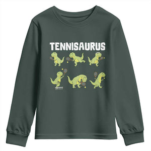 Funny Prehistoric Dinosaur Tennis Player Youth Sweatshirt Gift For Tennis Fans TS12 Dark Forest Green Print Your Wear
