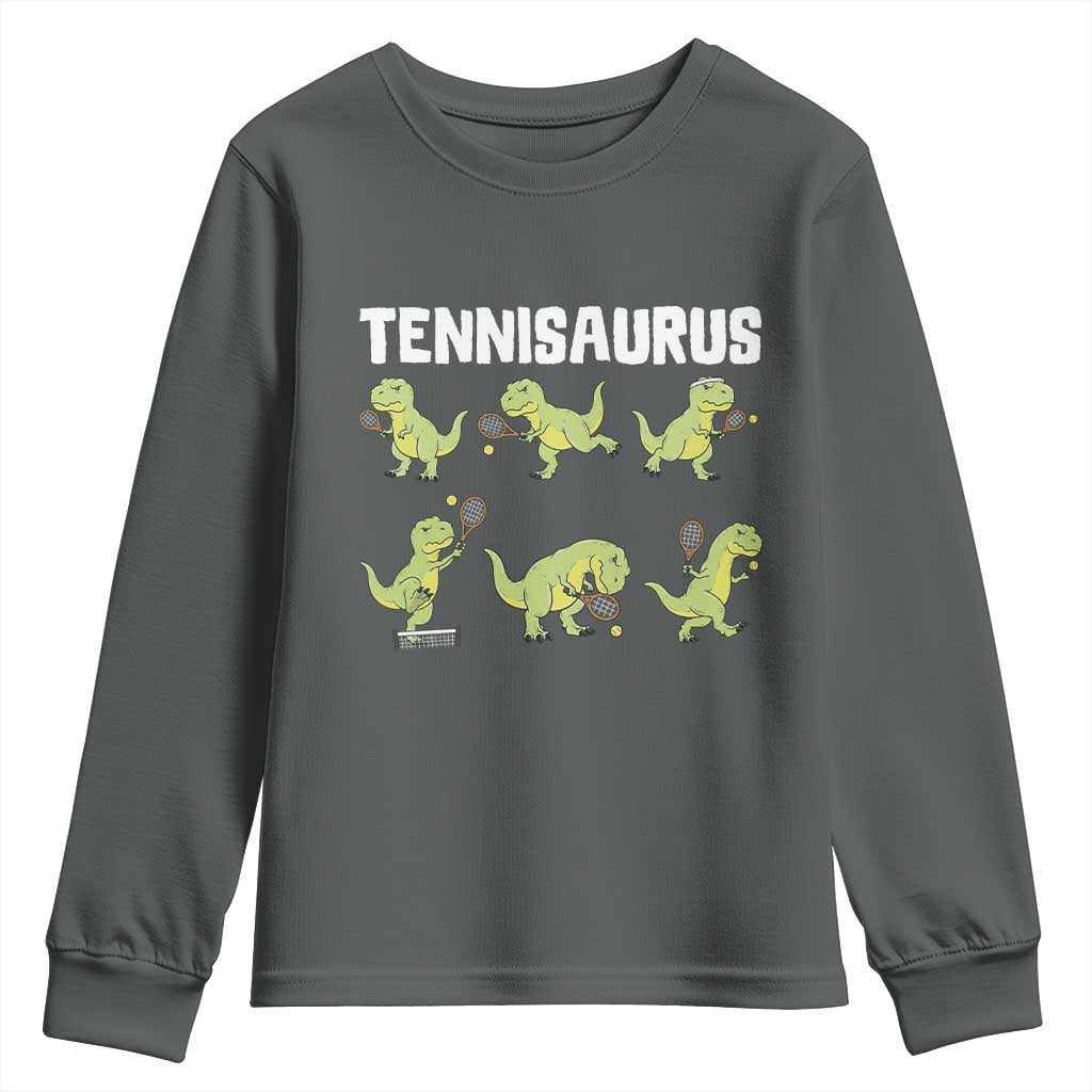 Funny Prehistoric Dinosaur Tennis Player Youth Sweatshirt Gift For Tennis Fans TS12 Dark Heather Print Your Wear