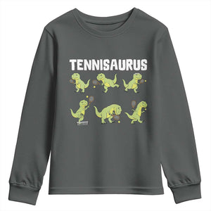 Funny Prehistoric Dinosaur Tennis Player Youth Sweatshirt Gift For Tennis Fans TS12 Dark Heather Print Your Wear