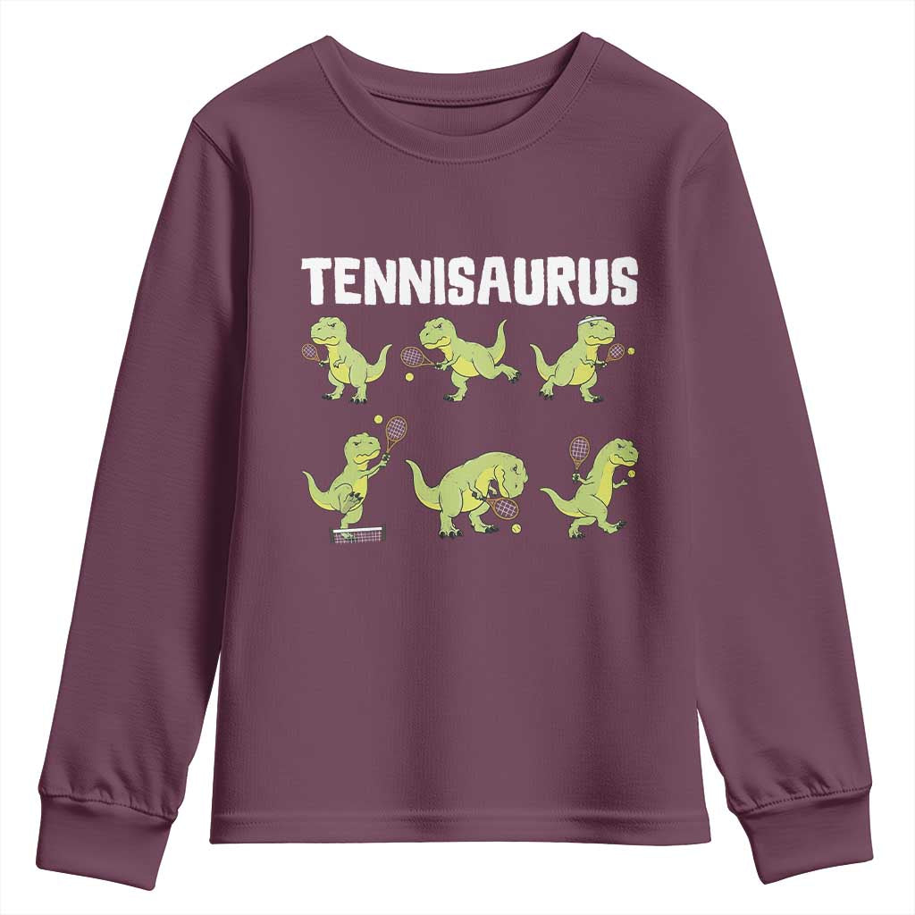 Funny Prehistoric Dinosaur Tennis Player Youth Sweatshirt Gift For Tennis Fans TS12 Maroon Print Your Wear