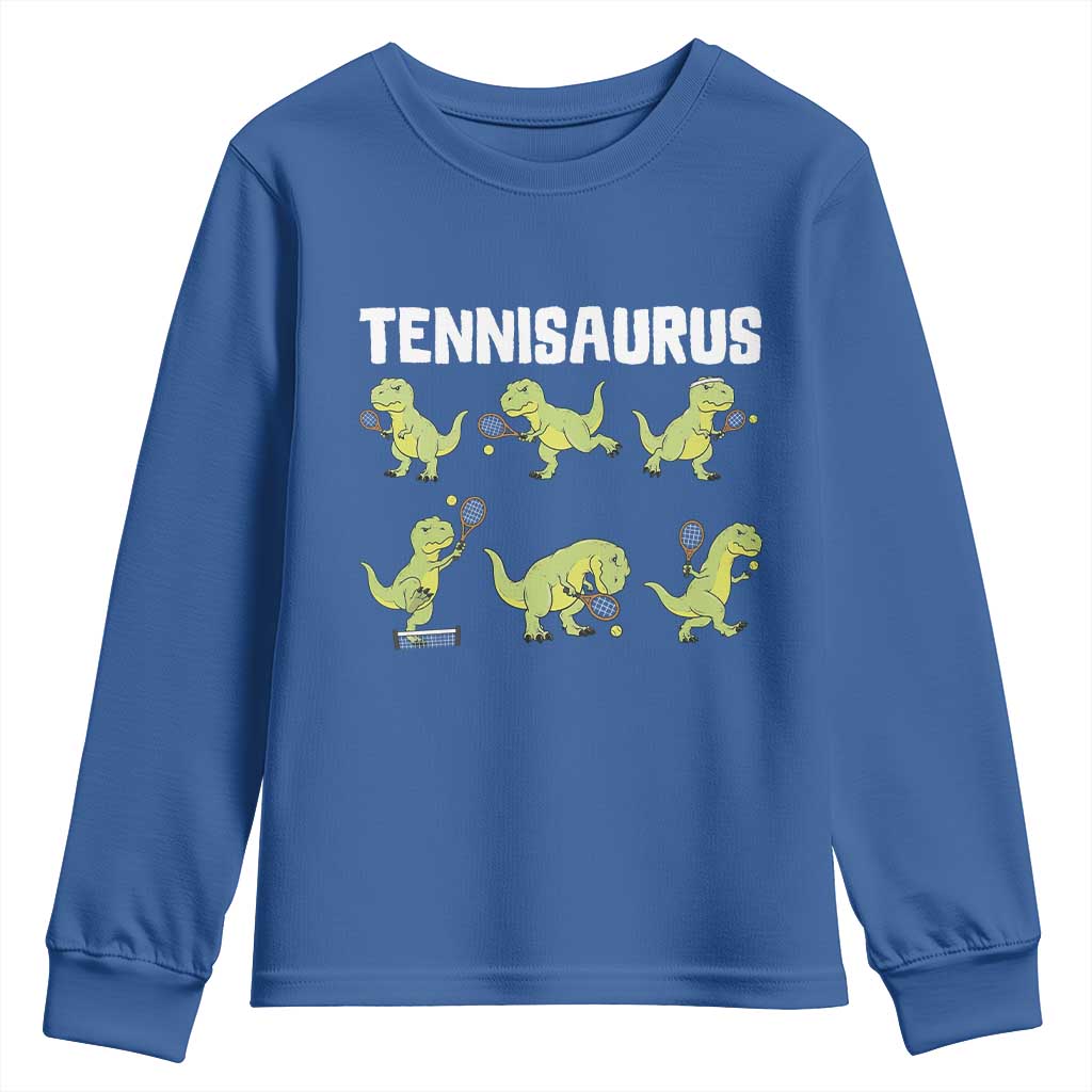 Funny Prehistoric Dinosaur Tennis Player Youth Sweatshirt Gift For Tennis Fans TS12 Royal Blue Print Your Wear