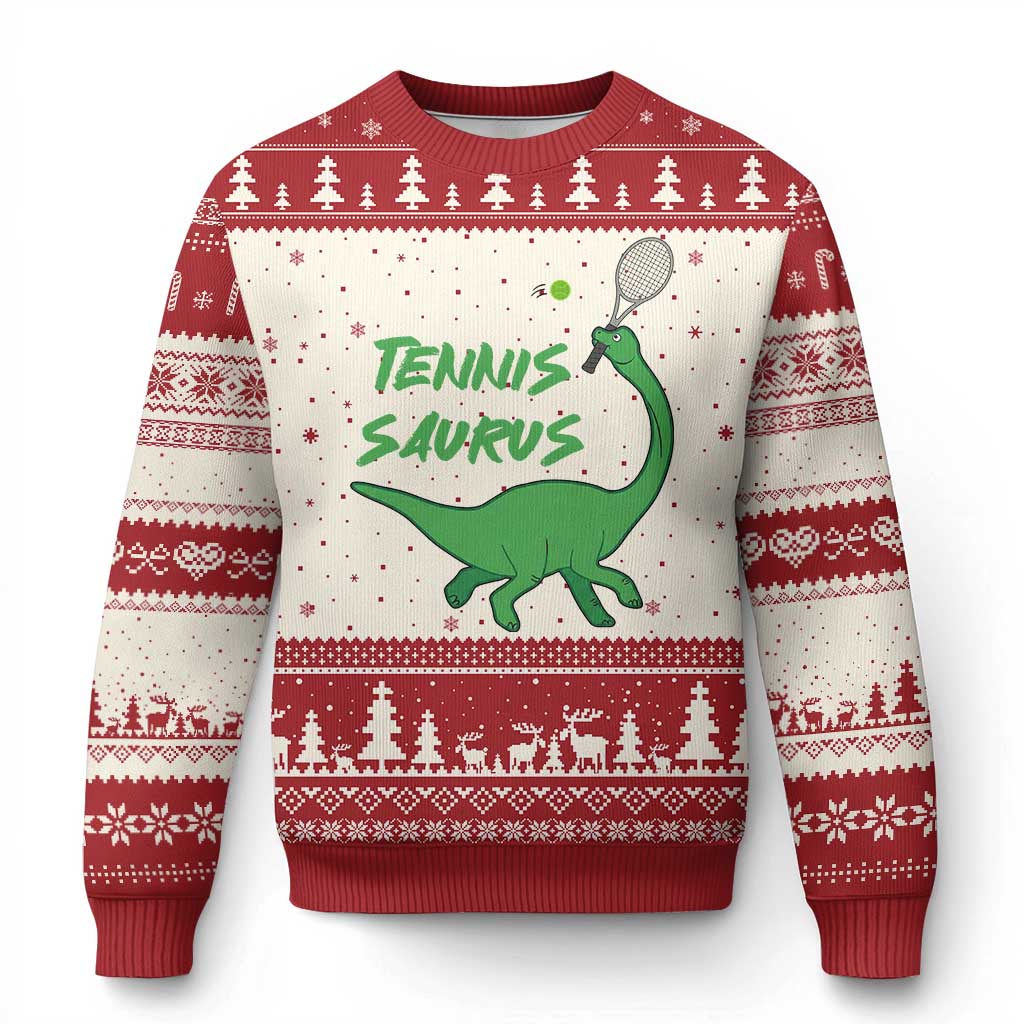 Funny Tennis Dinosaur Tennis Lover Ugly Christmas Sweater Gift For Tennis Fans TS12 Beige Red Print Your Wear
