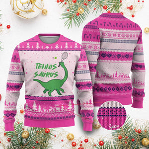 Funny Tennis Dinosaur Tennis Lover Ugly Christmas Sweater Gift For Tennis Fans TS12 Hot Pink Print Your Wear
