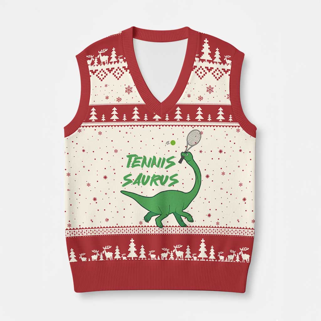Funny Tennis Dinosaur Tennis Lover V-Neck Knit Sweater Vest Gift For Tennis Fans TS12 Beige Red Print Your Wear