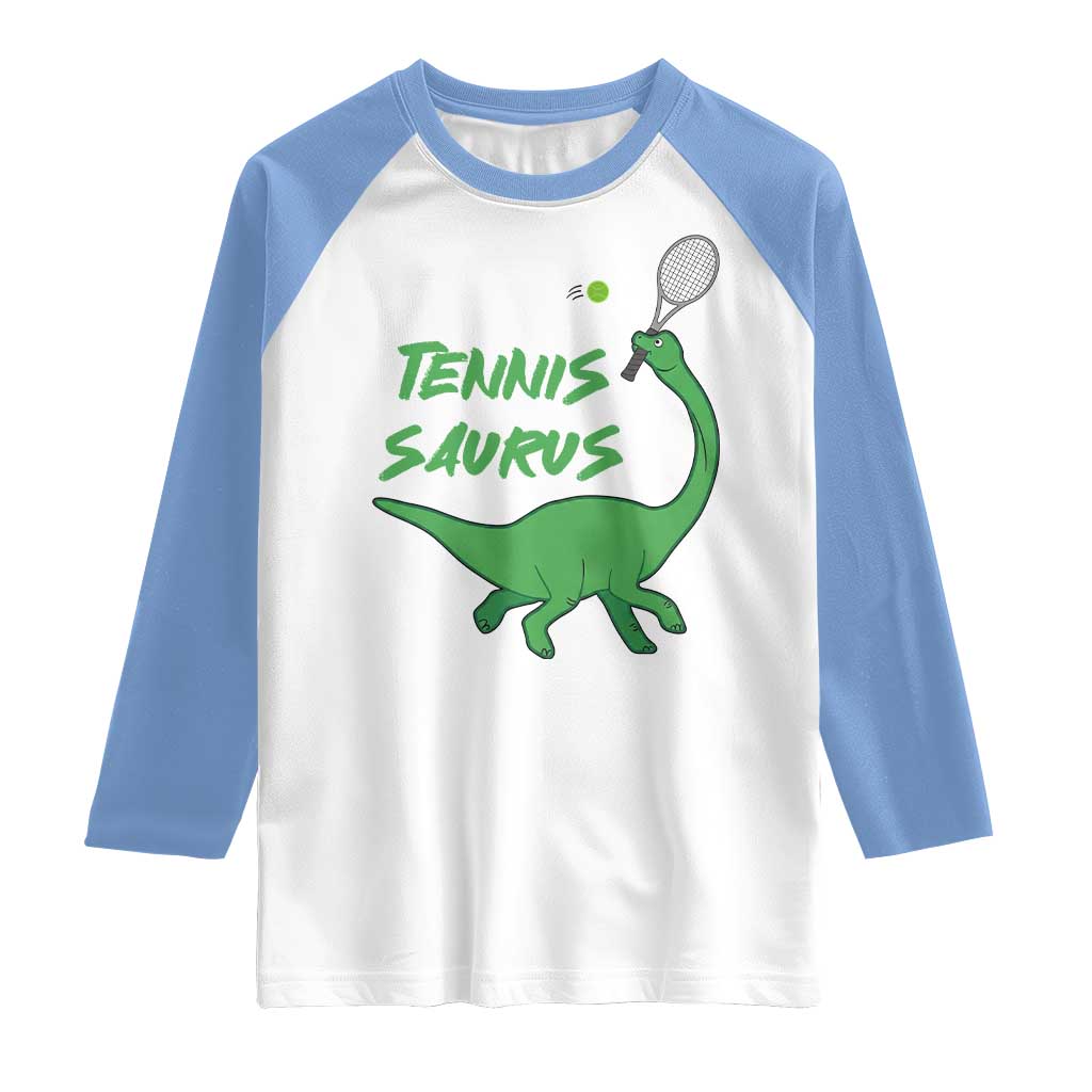Funny Tennis Dinosaur Tennis Lover Raglan Shirt Gift For Tennis Fans TS12 White Carolina Blue Print Your Wear