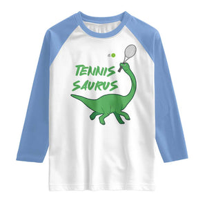 Funny Tennis Dinosaur Tennis Lover Raglan Shirt Gift For Tennis Fans TS12 White Carolina Blue Print Your Wear
