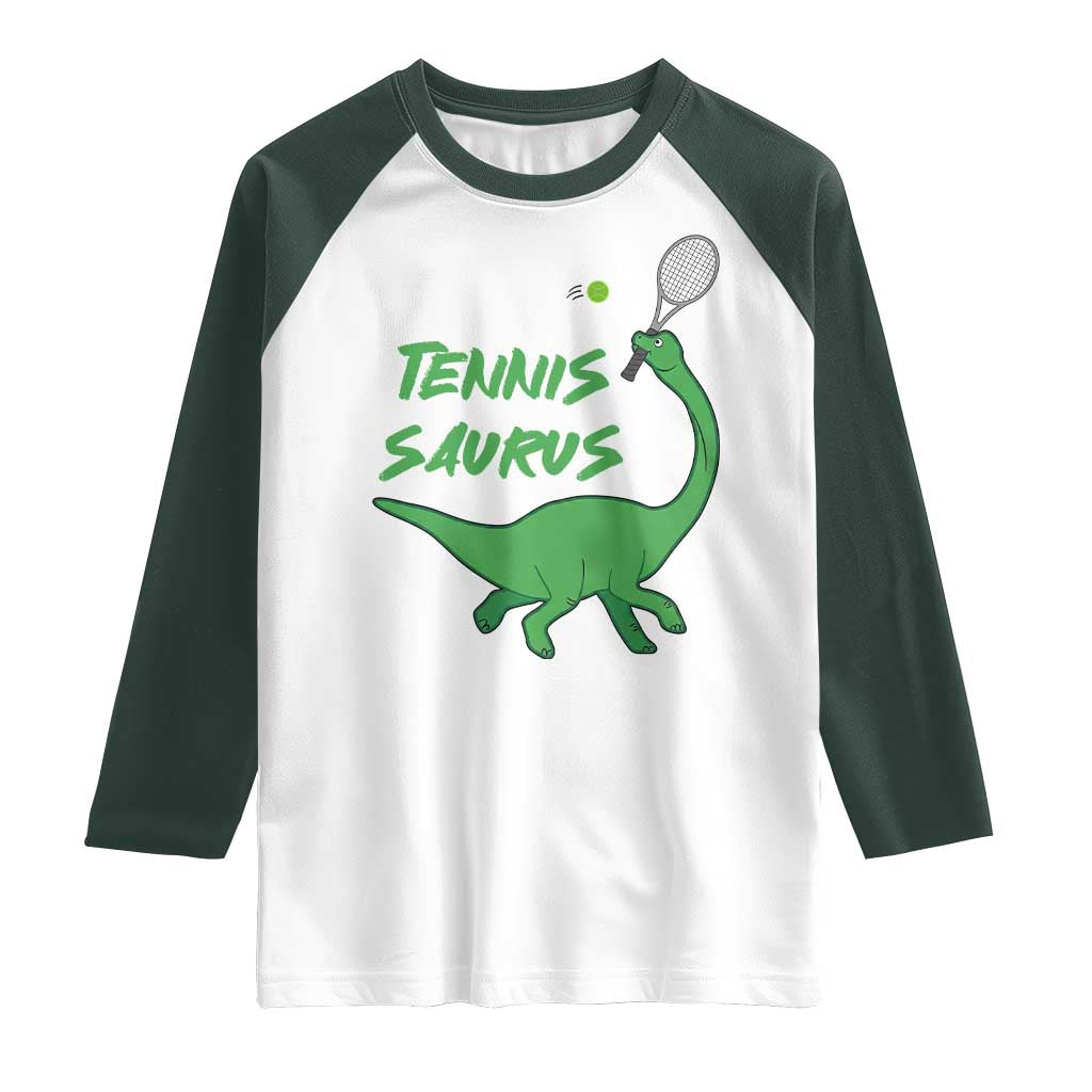 Funny Tennis Dinosaur Tennis Lover Raglan Shirt Gift For Tennis Fans TS12 White Dark Forest Green Print Your Wear