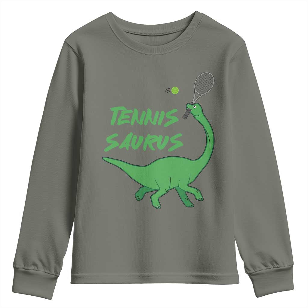 Funny Tennis Dinosaur Tennis Lover Youth Sweatshirt Gift For Tennis Fans TS12 Military Green Print Your Wear