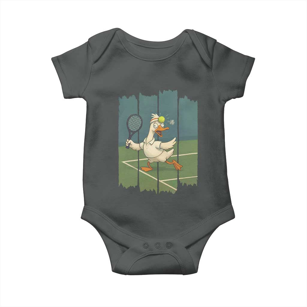 Silly Goose Playing Tennis Baby Onesie Funny Bird Getting Hit By Ball TS12 Dark Heather Print Your Wear