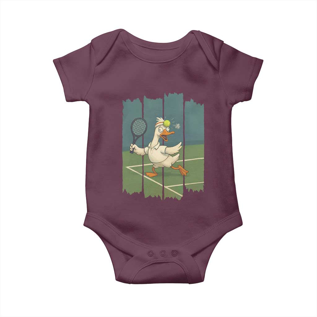 Silly Goose Playing Tennis Baby Onesie Funny Bird Getting Hit By Ball TS12 Maroon Print Your Wear