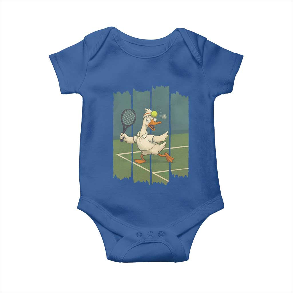 Silly Goose Playing Tennis Baby Onesie Funny Bird Getting Hit By Ball TS12 Royal Blue Print Your Wear