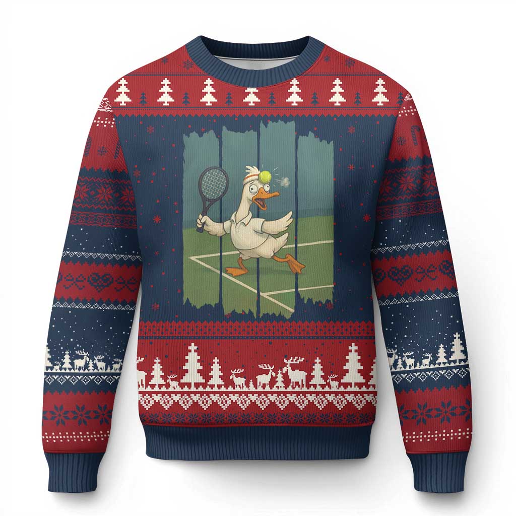 Silly Goose Playing Tennis Ugly Christmas Sweater Funny Bird Getting Hit By Ball TS12 Navy Red Print Your Wear