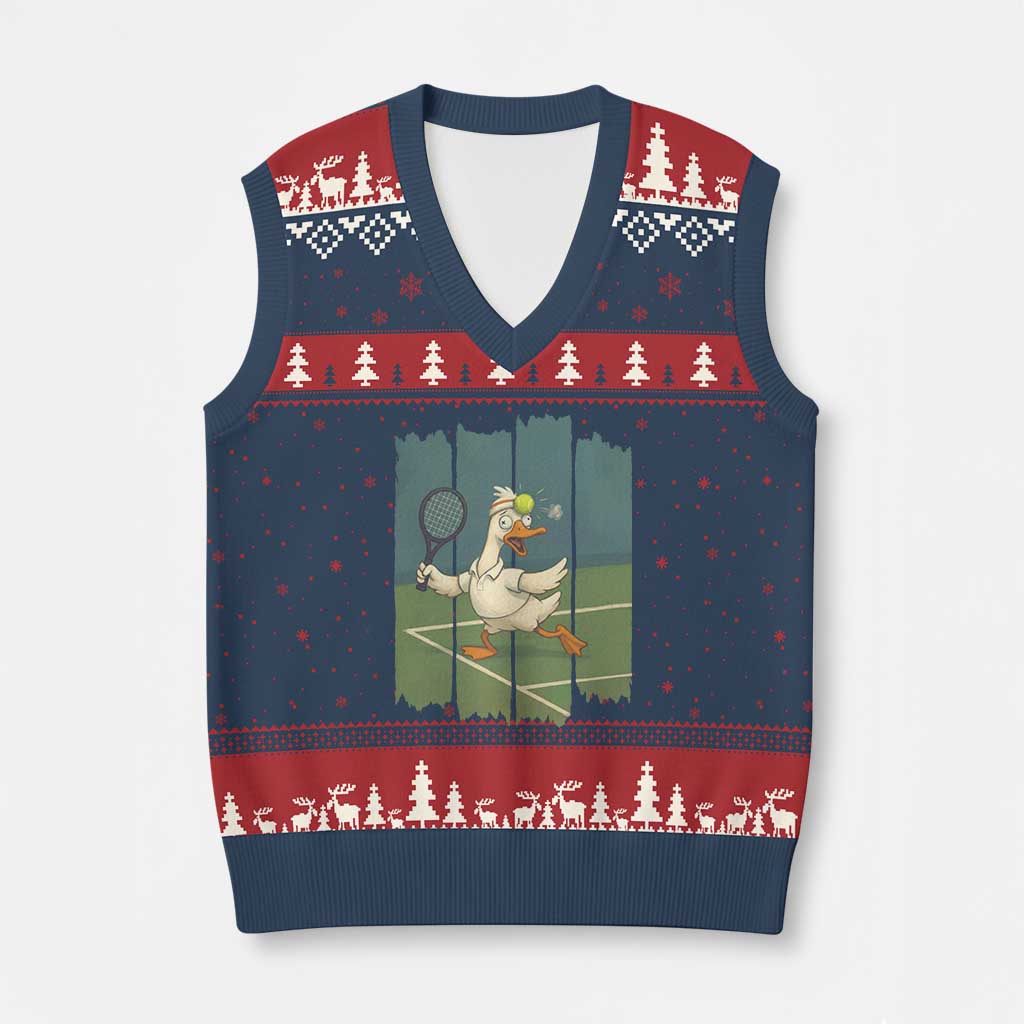 Silly Goose Playing Tennis V-Neck Knit Sweater Vest Funny Bird Getting Hit By Ball TS12 Navy Red Print Your Wear