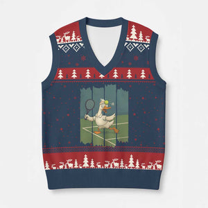 Silly Goose Playing Tennis V-Neck Knit Sweater Vest Funny Bird Getting Hit By Ball TS12 Navy Red Print Your Wear