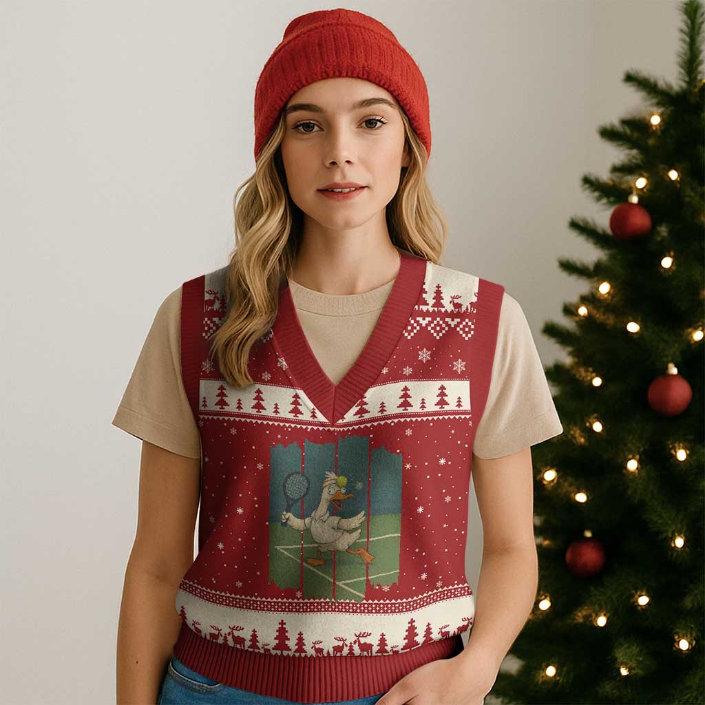 Silly Goose Playing Tennis V-Neck Knit Sweater Vest Funny Bird Getting Hit By Ball TS12 Red Beige Print Your Wear