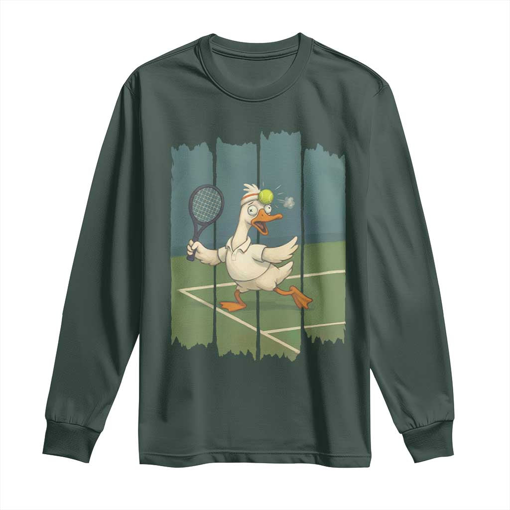 Silly Goose Playing Tennis Long Sleeve Shirt Funny Bird Getting Hit By Ball TS12 Dark Forest Green Print Your Wear