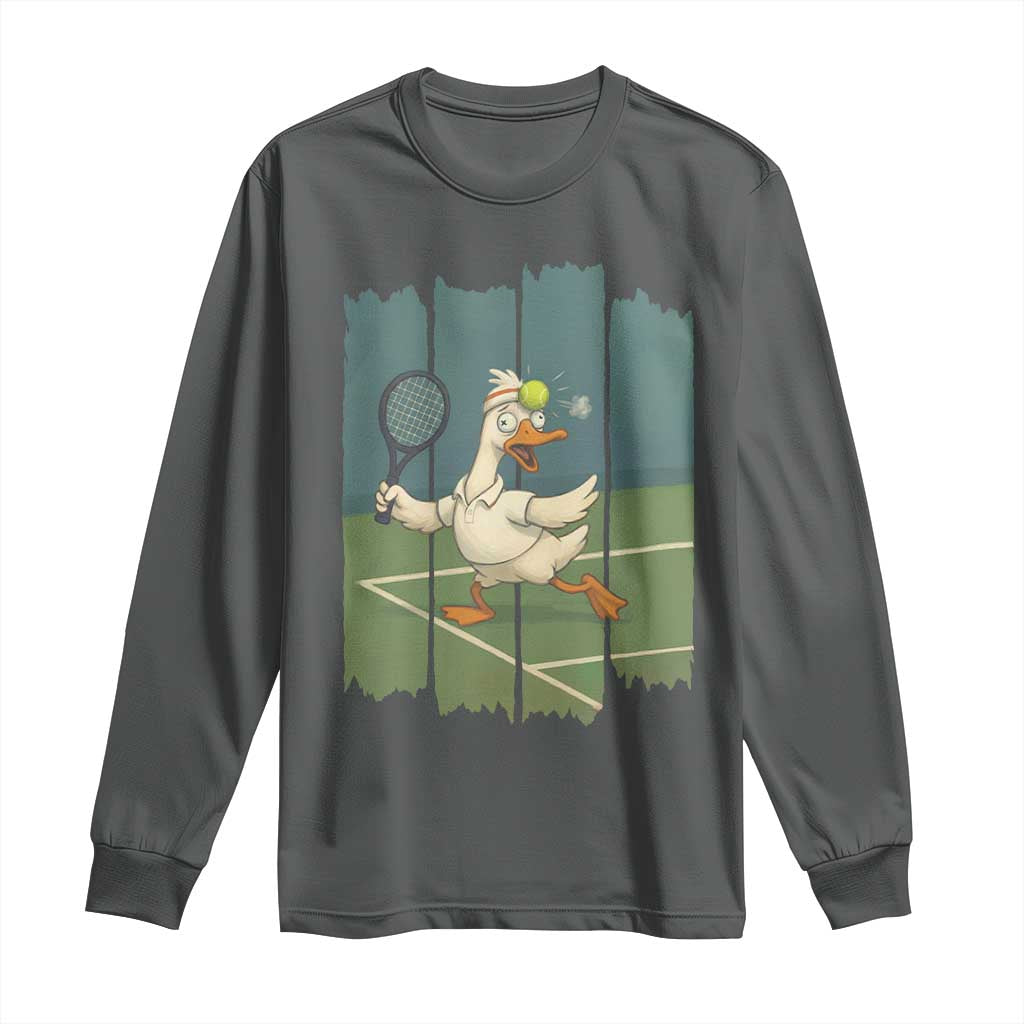 Silly Goose Playing Tennis Long Sleeve Shirt Funny Bird Getting Hit By Ball TS12 Dark Heather Print Your Wear