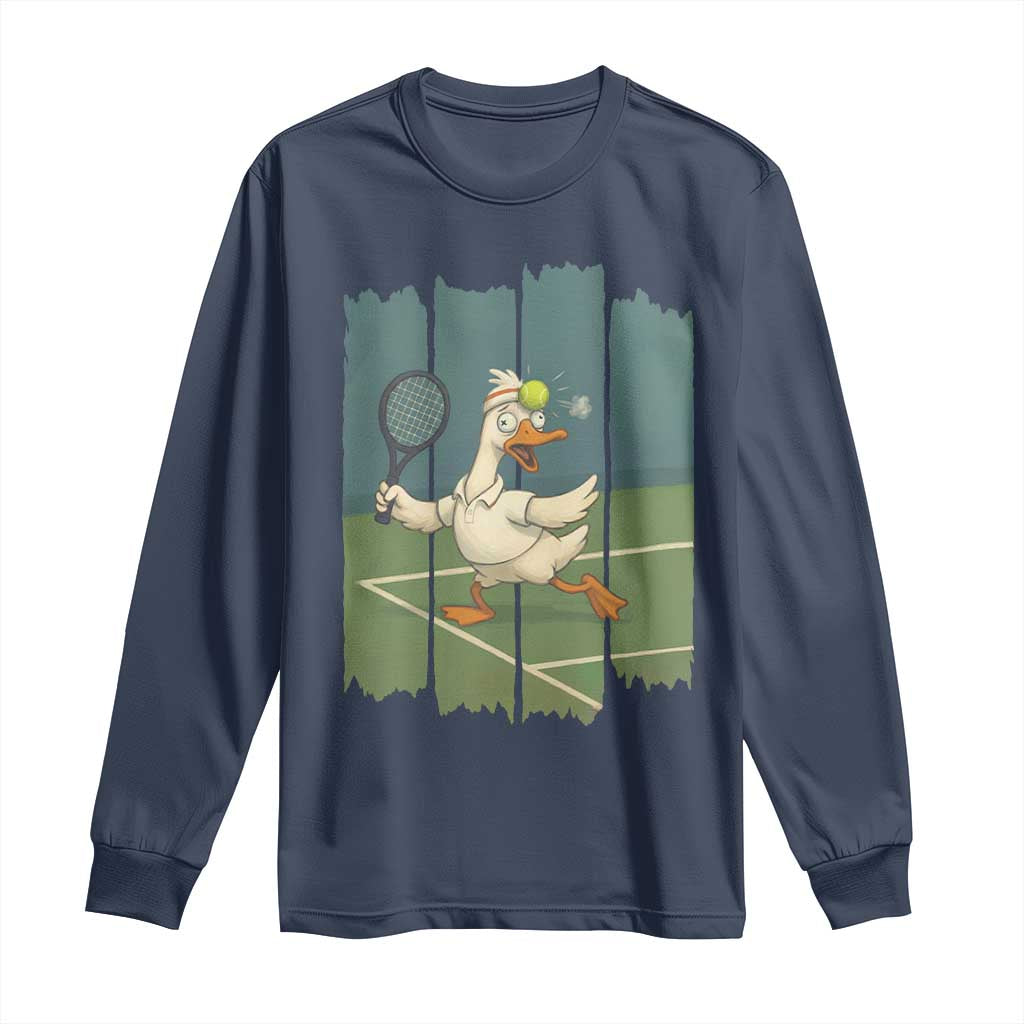 Silly Goose Playing Tennis Long Sleeve Shirt Funny Bird Getting Hit By Ball TS12 Navy Print Your Wear