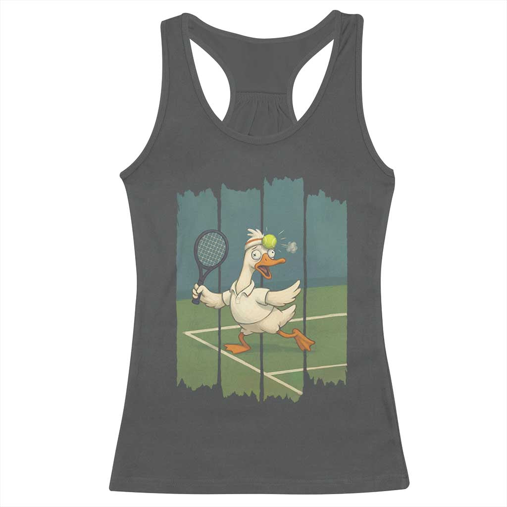 Silly Goose Playing Tennis Racerback Tank Top Funny Bird Getting Hit By Ball TS12 Dark Heather Print Your Wear
