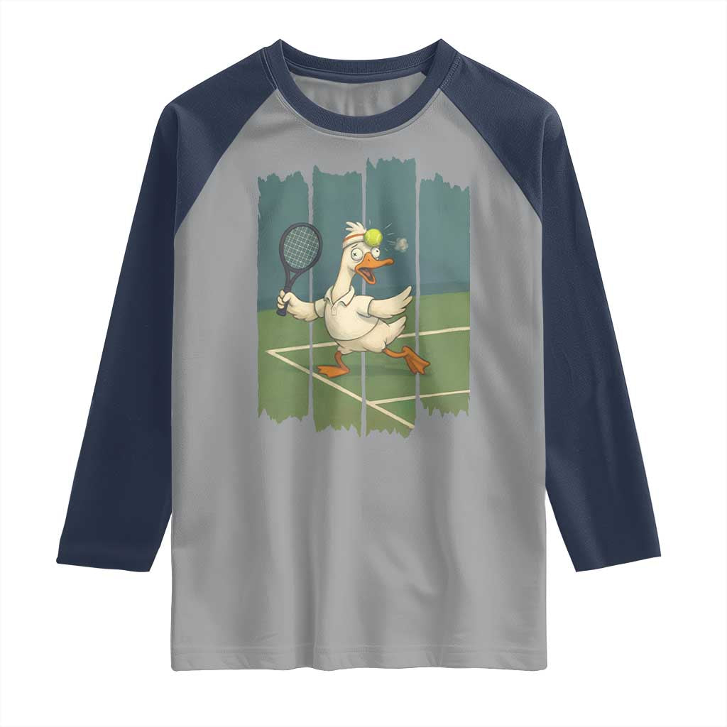 Silly Goose Playing Tennis Raglan Shirt Funny Bird Getting Hit By Ball TS12 Sport Gray Navy Print Your Wear
