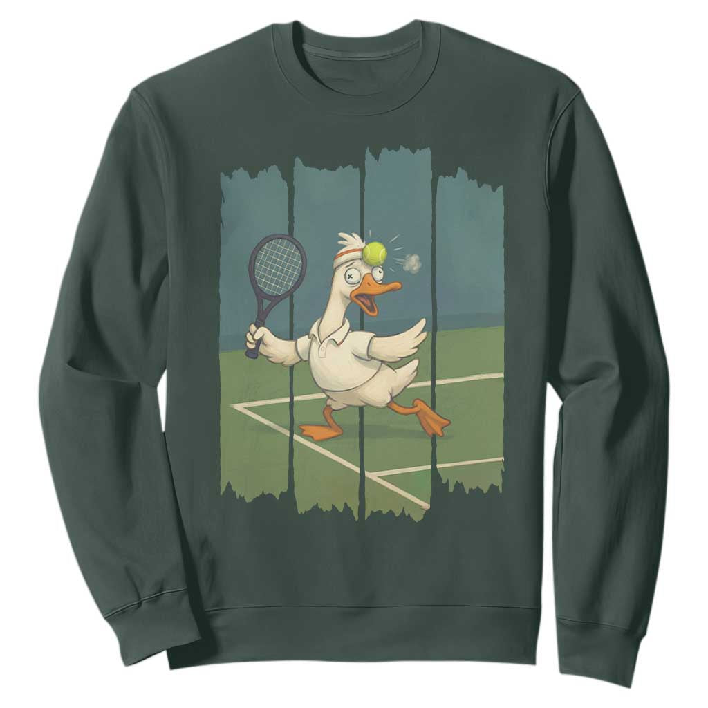 Silly Goose Playing Tennis Sweatshirt Funny Bird Getting Hit By Ball TS12 Dark Forest Green Print Your Wear
