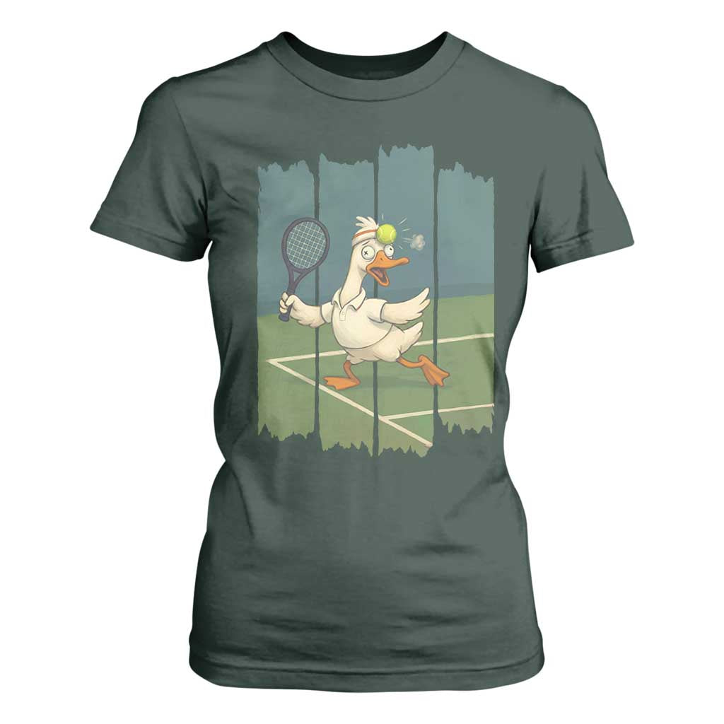 Silly Goose Playing Tennis T Shirt For Women Funny Bird Getting Hit By Ball TS12 Dark Forest Green Print Your Wear