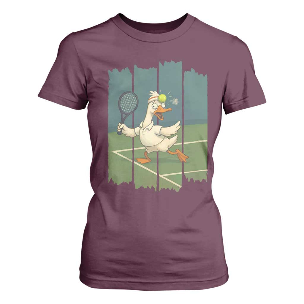 Silly Goose Playing Tennis T Shirt For Women Funny Bird Getting Hit By Ball TS12 Maroon Print Your Wear