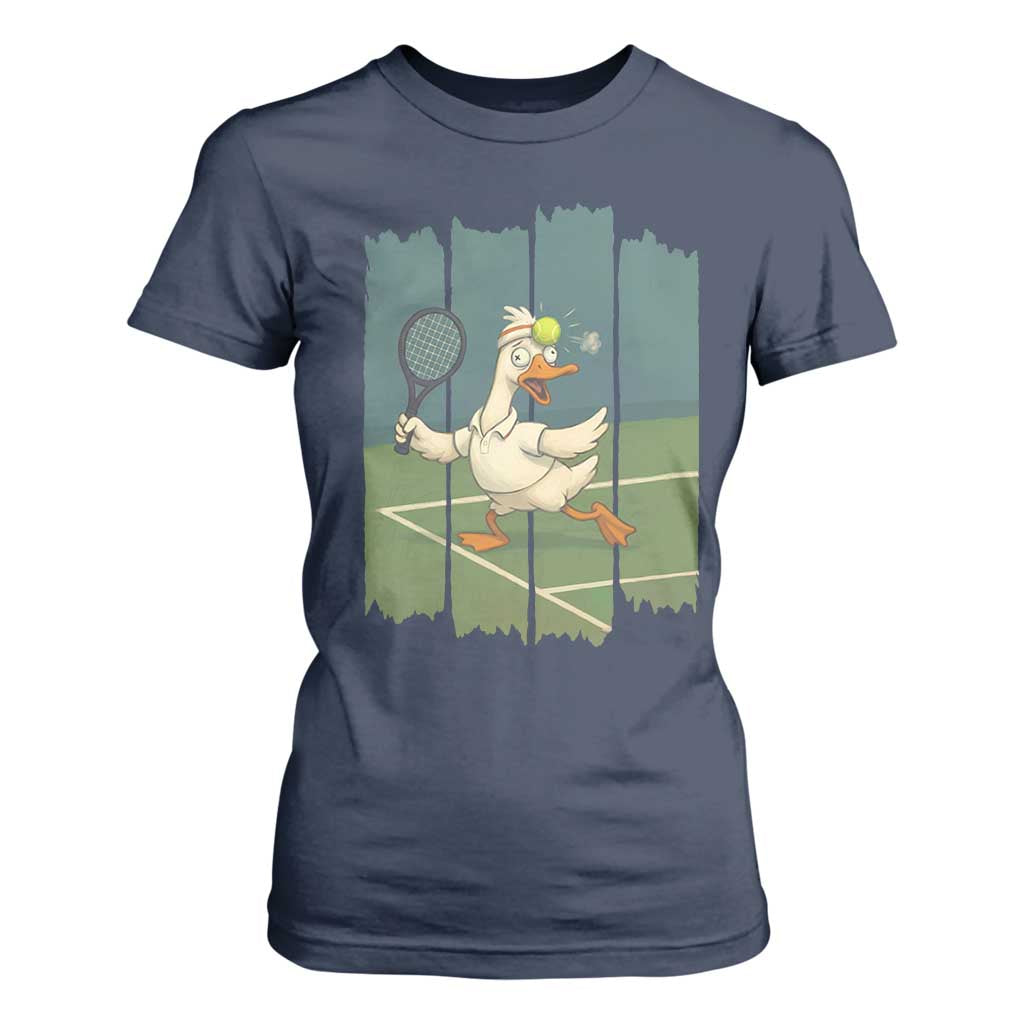 Silly Goose Playing Tennis T Shirt For Women Funny Bird Getting Hit By Ball TS12 Navy Print Your Wear