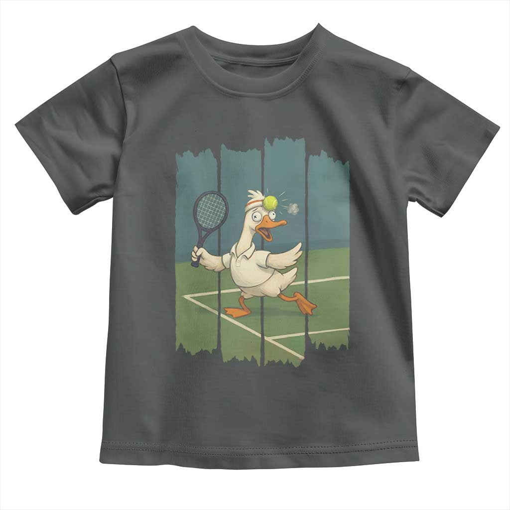 Silly Goose Playing Tennis Toddler T Shirt Funny Bird Getting Hit By Ball TS12 Dark Heather Print Your Wear