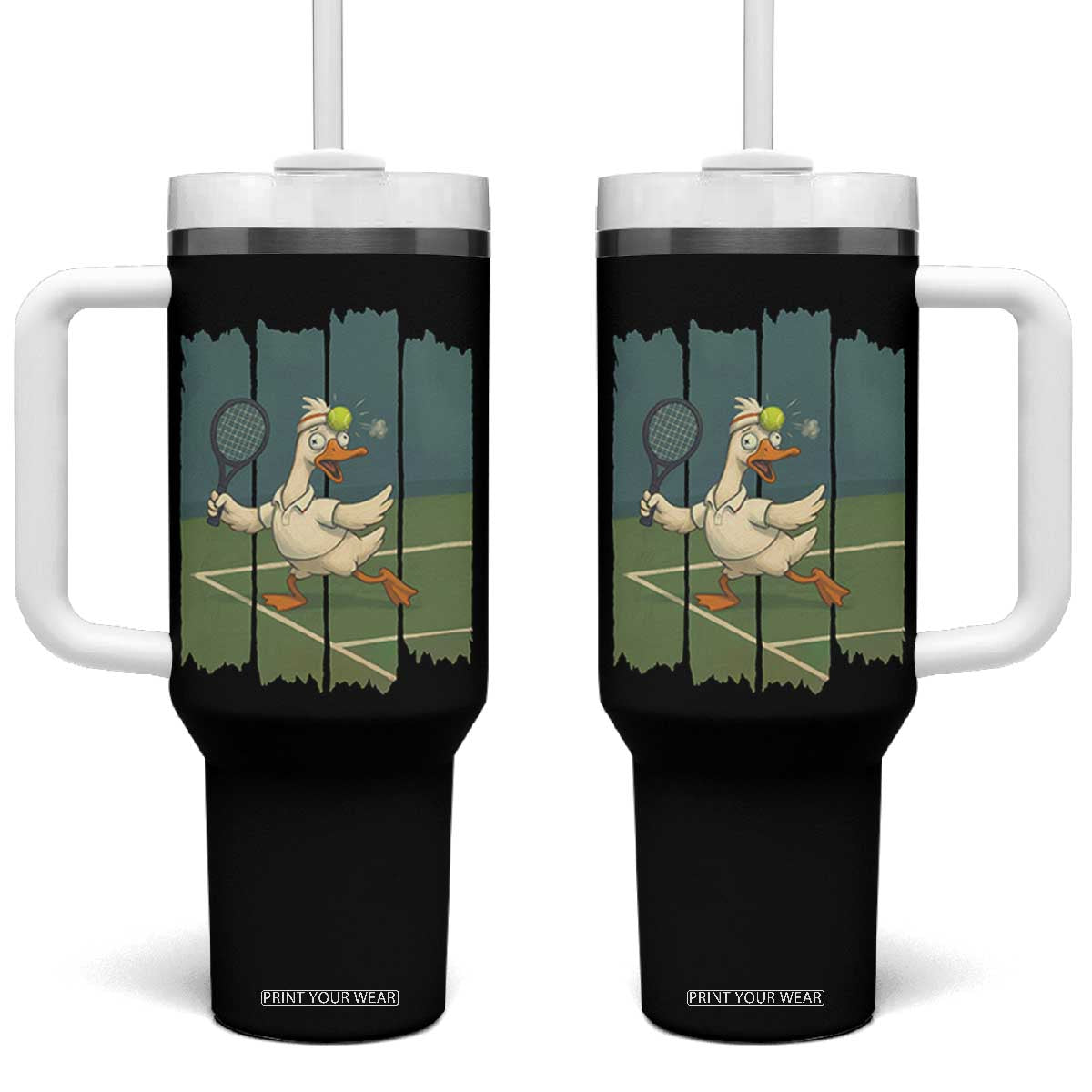 Silly Goose Playing Tennis Tumbler With Handle Funny Bird Getting Hit By Ball TS12 One Size: 40 oz Black Print Your Wear