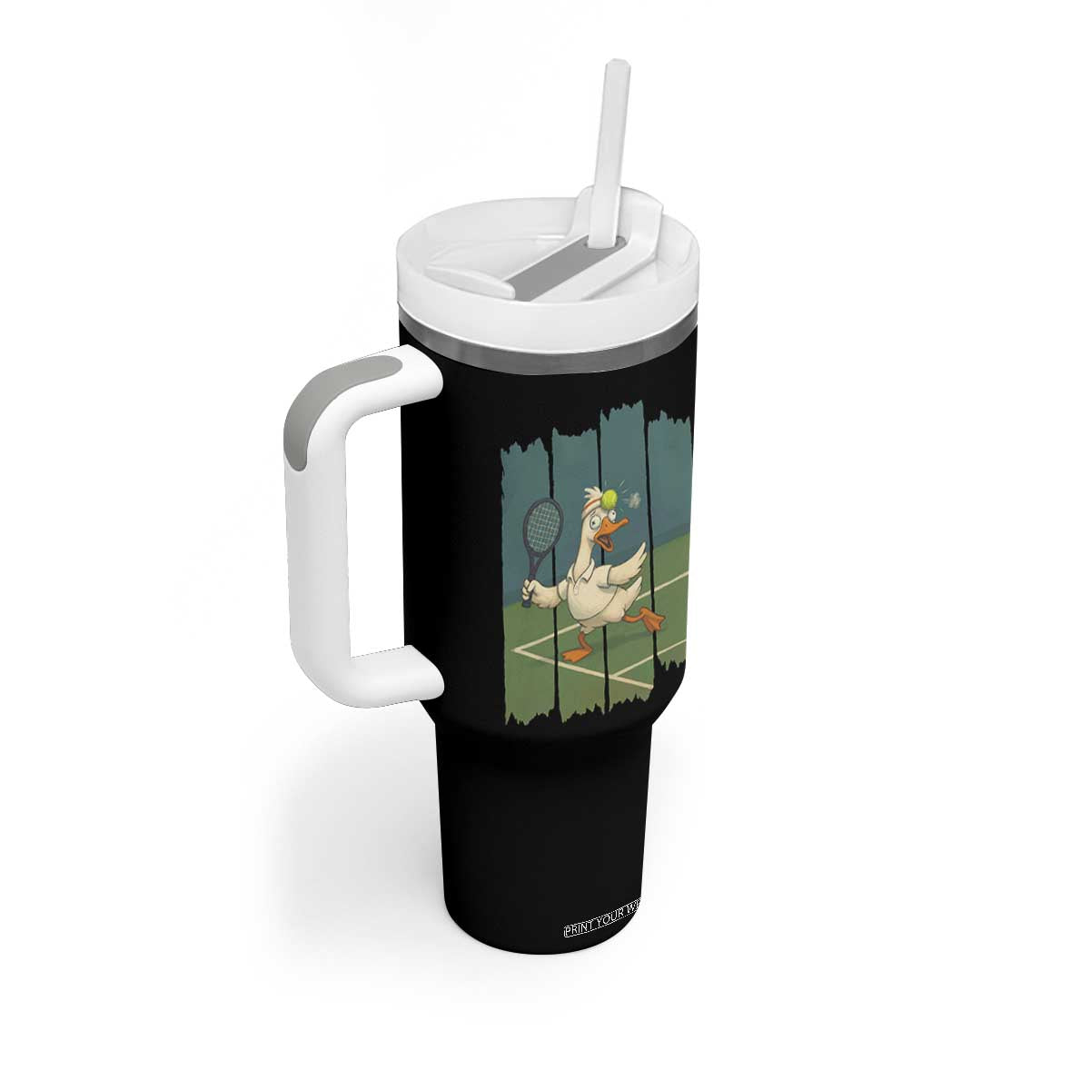 Silly Goose Playing Tennis Tumbler With Handle Funny Bird Getting Hit By Ball TS12 Print Your Wear
