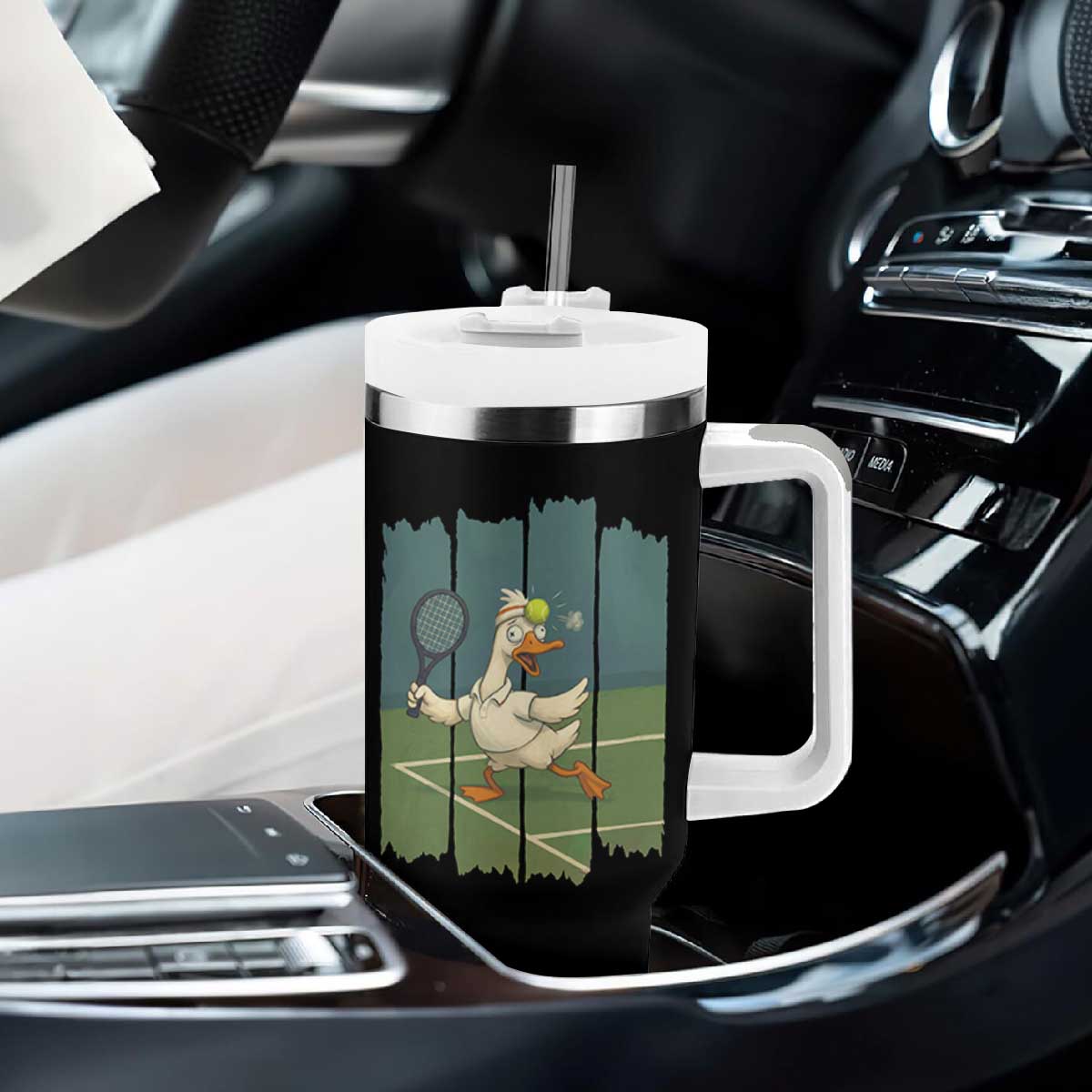Silly Goose Playing Tennis Tumbler With Handle Funny Bird Getting Hit By Ball TS12 Print Your Wear