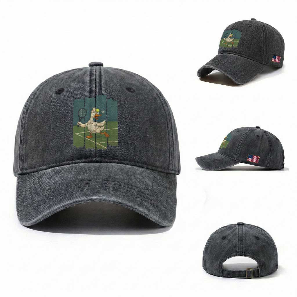 Silly Goose Playing Tennis Washed Cotton Baseball Cap Funny Bird Getting Hit By Ball TS12 Washed Cap Universal Fit Dark Gray Print Your Wear