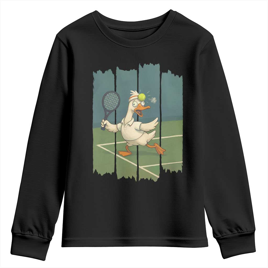 Silly Goose Playing Tennis Youth Sweatshirt Funny Bird Getting Hit By Ball TS12 Black Print Your Wear
