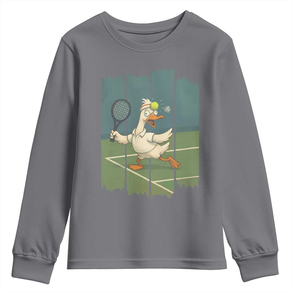 Silly Goose Playing Tennis Youth Sweatshirt Funny Bird Getting Hit By Ball TS12 Charcoal Print Your Wear