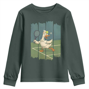 Silly Goose Playing Tennis Youth Sweatshirt Funny Bird Getting Hit By Ball TS12 Dark Forest Green Print Your Wear