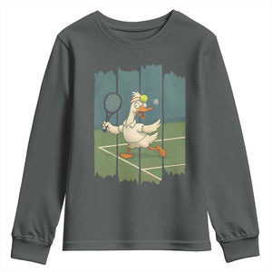 Silly Goose Playing Tennis Youth Sweatshirt Funny Bird Getting Hit By Ball TS12 Dark Heather Print Your Wear