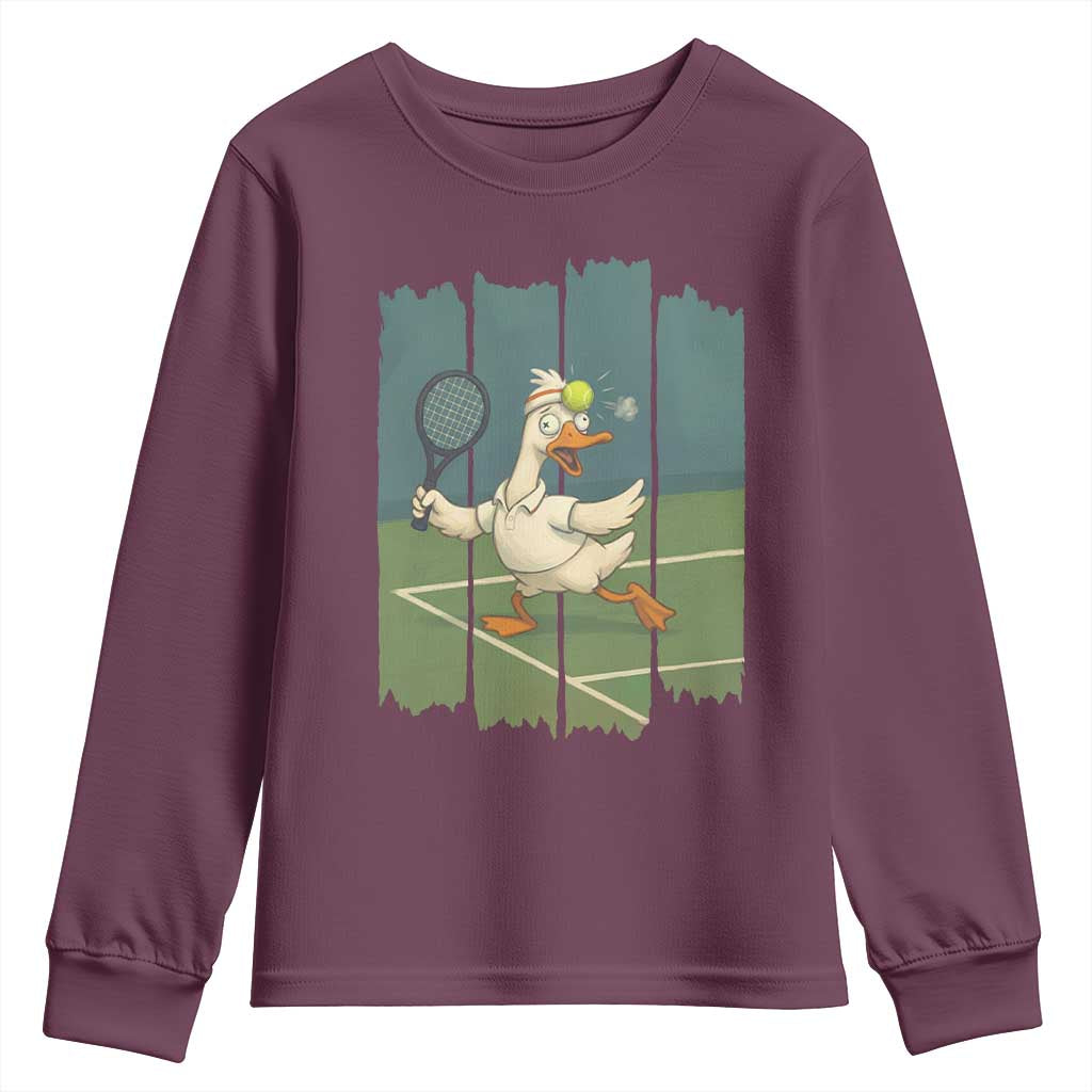 Silly Goose Playing Tennis Youth Sweatshirt Funny Bird Getting Hit By Ball TS12 Maroon Print Your Wear