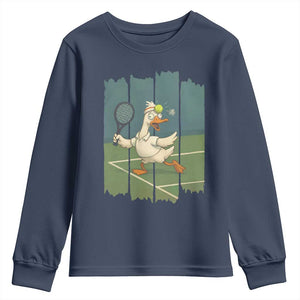 Silly Goose Playing Tennis Youth Sweatshirt Funny Bird Getting Hit By Ball TS12 Navy Print Your Wear