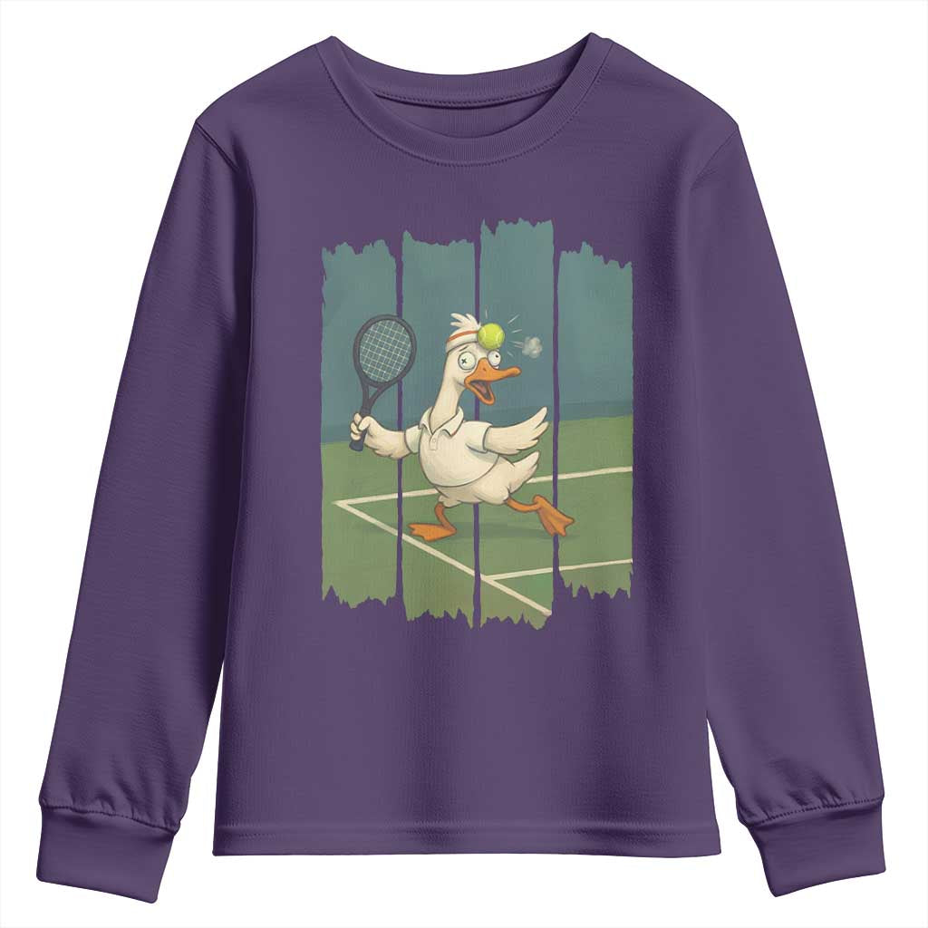 Silly Goose Playing Tennis Youth Sweatshirt Funny Bird Getting Hit By Ball TS12 Purple Print Your Wear