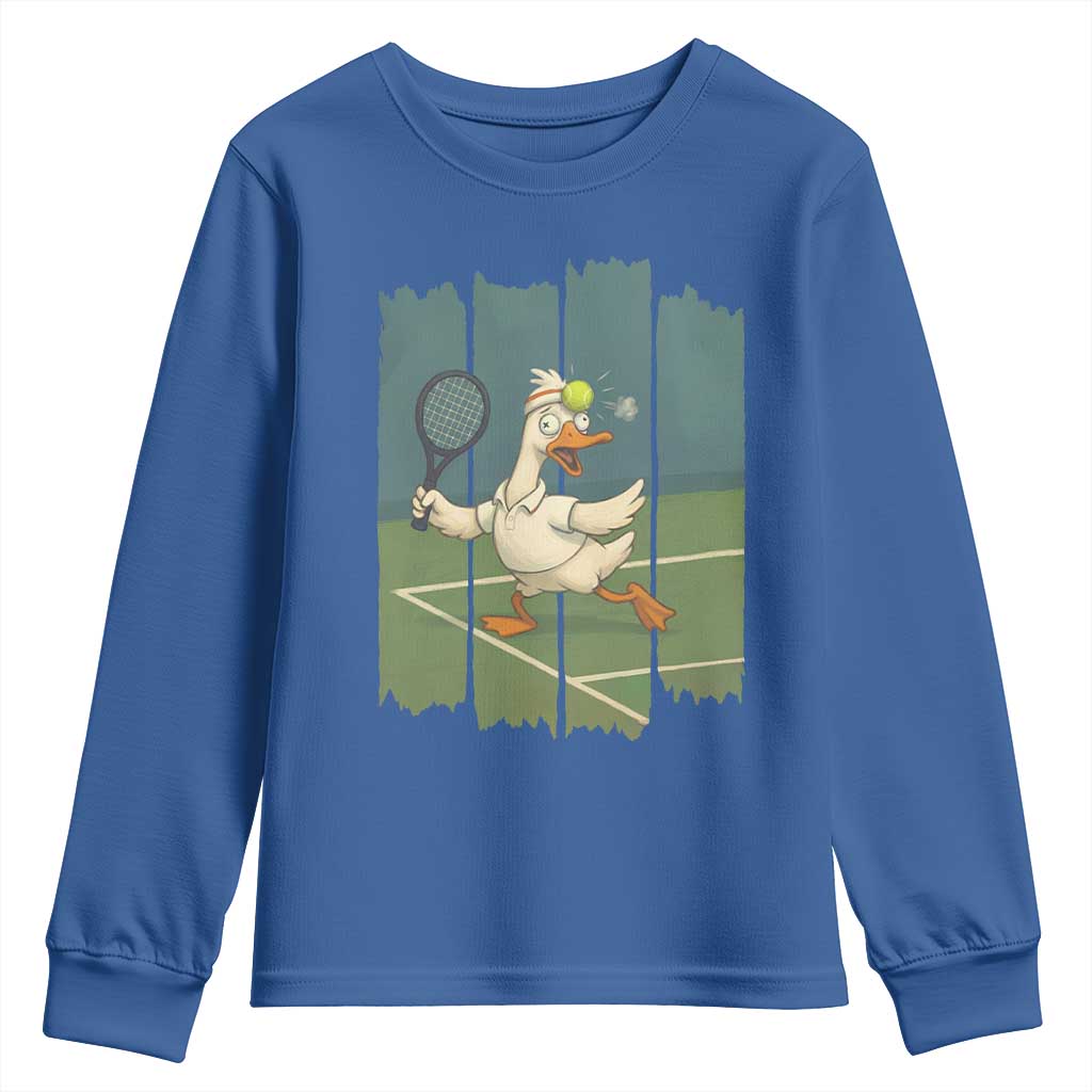 Silly Goose Playing Tennis Youth Sweatshirt Funny Bird Getting Hit By Ball TS12 Royal Blue Print Your Wear